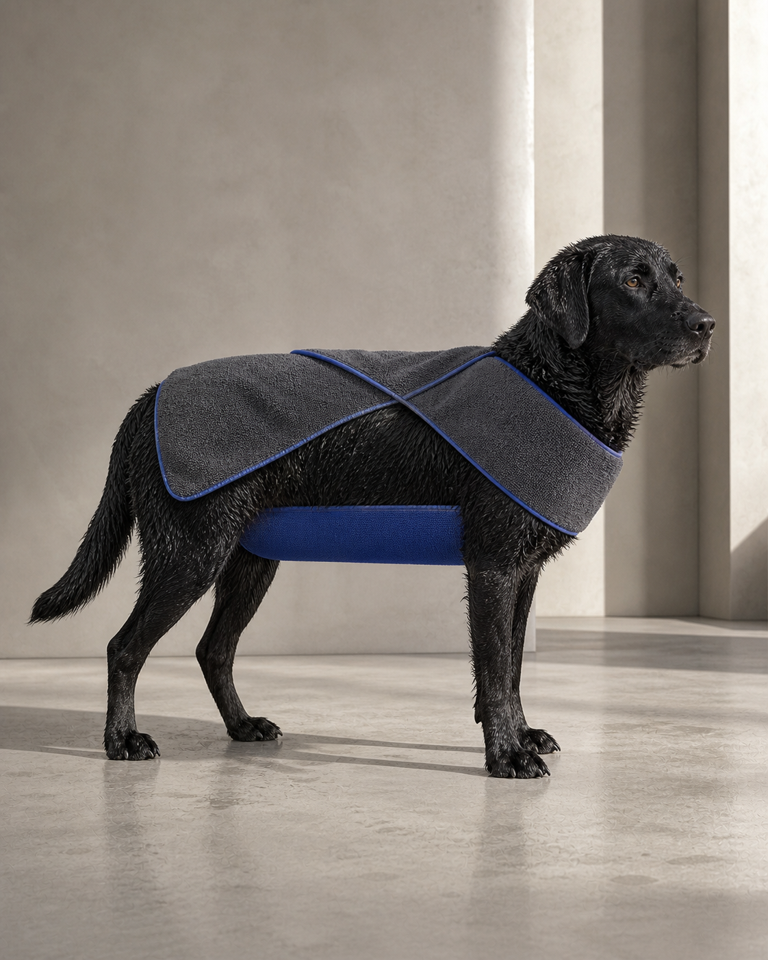 Large Labrador wearing the graphite Dry Wrap with cobalt-bound absorbent panels