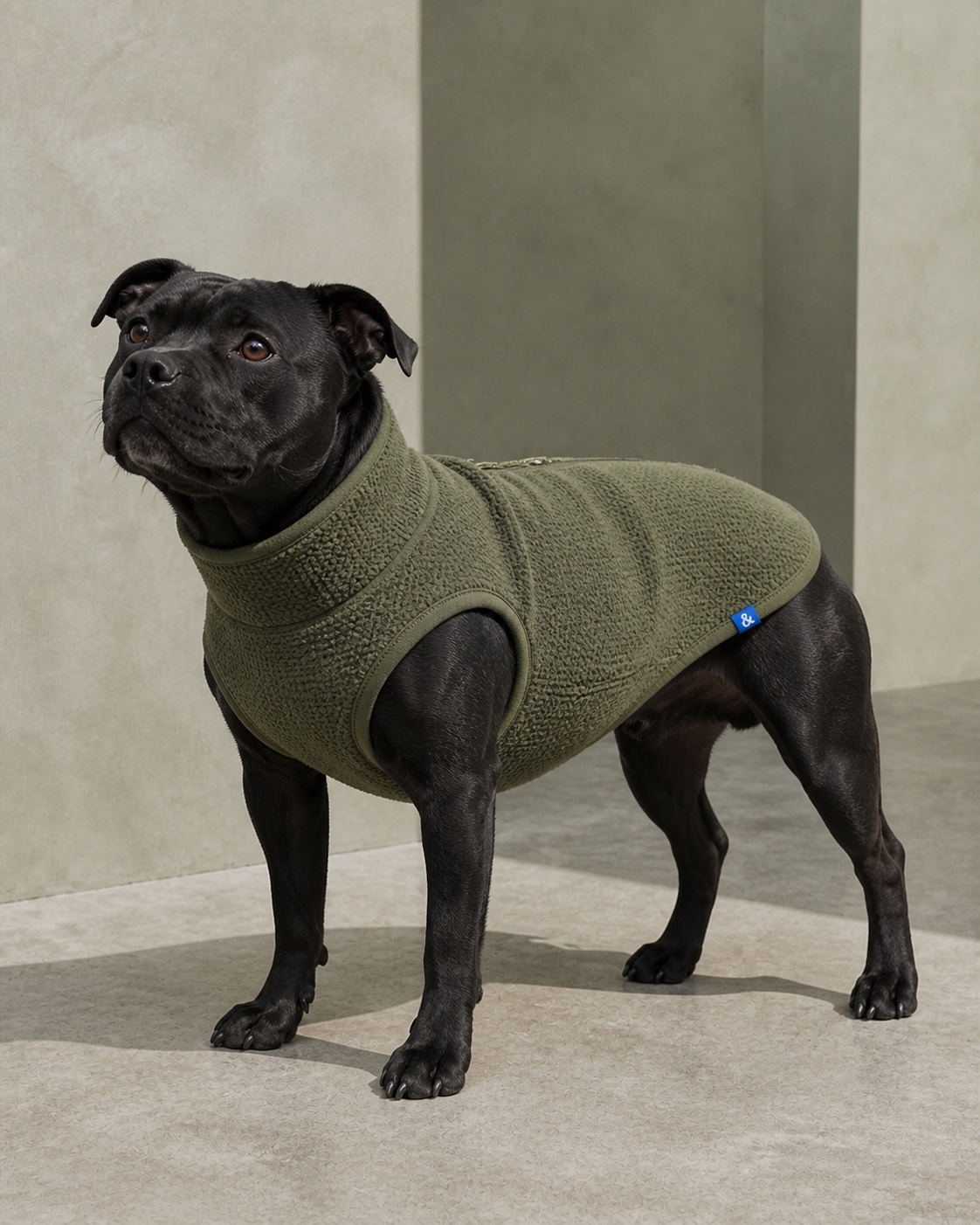 Black staffy-type dog wearing the moss Fleece Jumper with cobalt woven label
