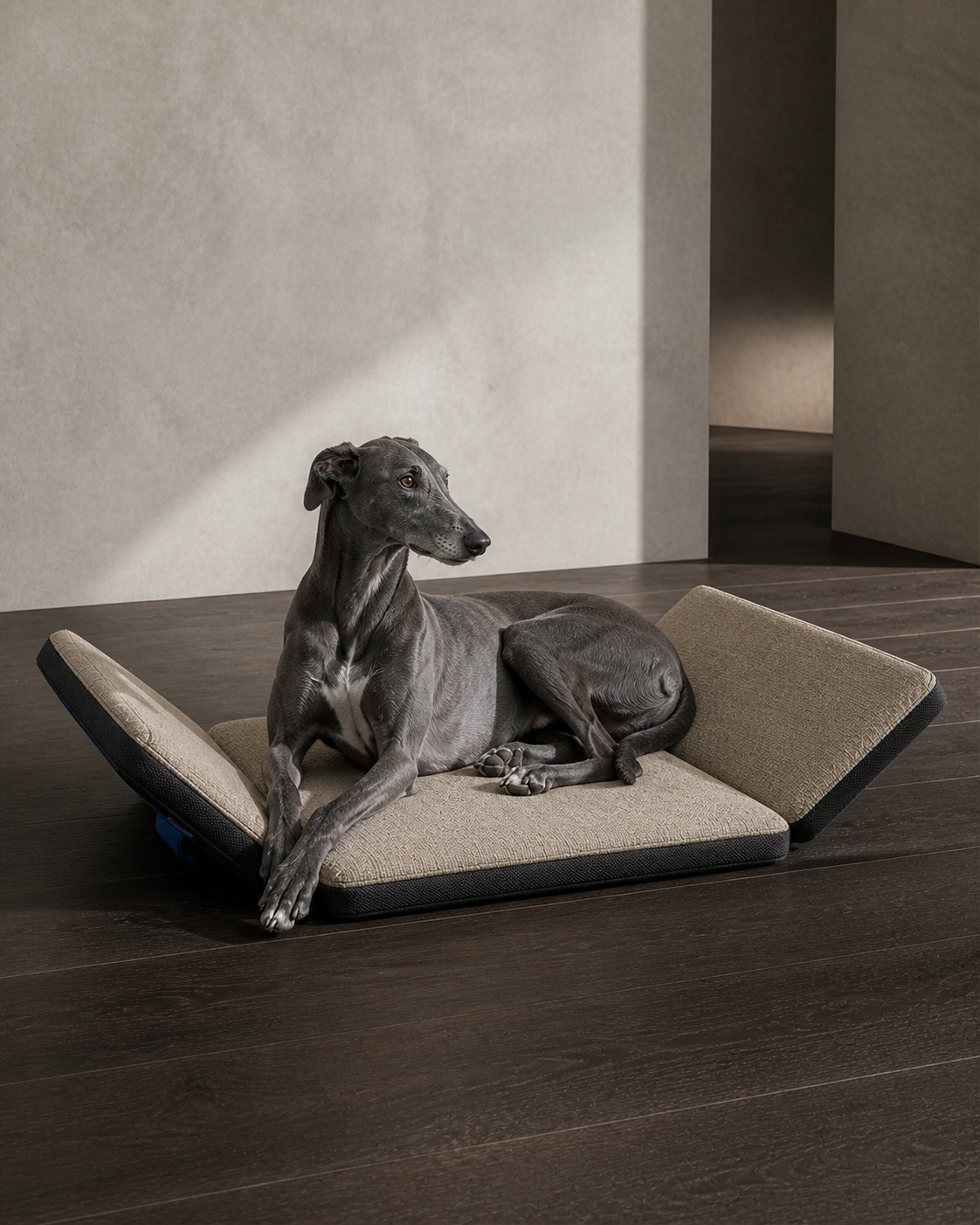Greyhound resting on the articulated flax and ink Fold Mat