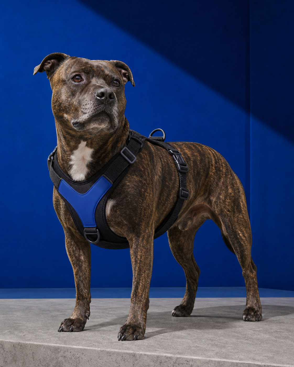 Brindle staffy mix wearing the black and ultramarine Form Harness