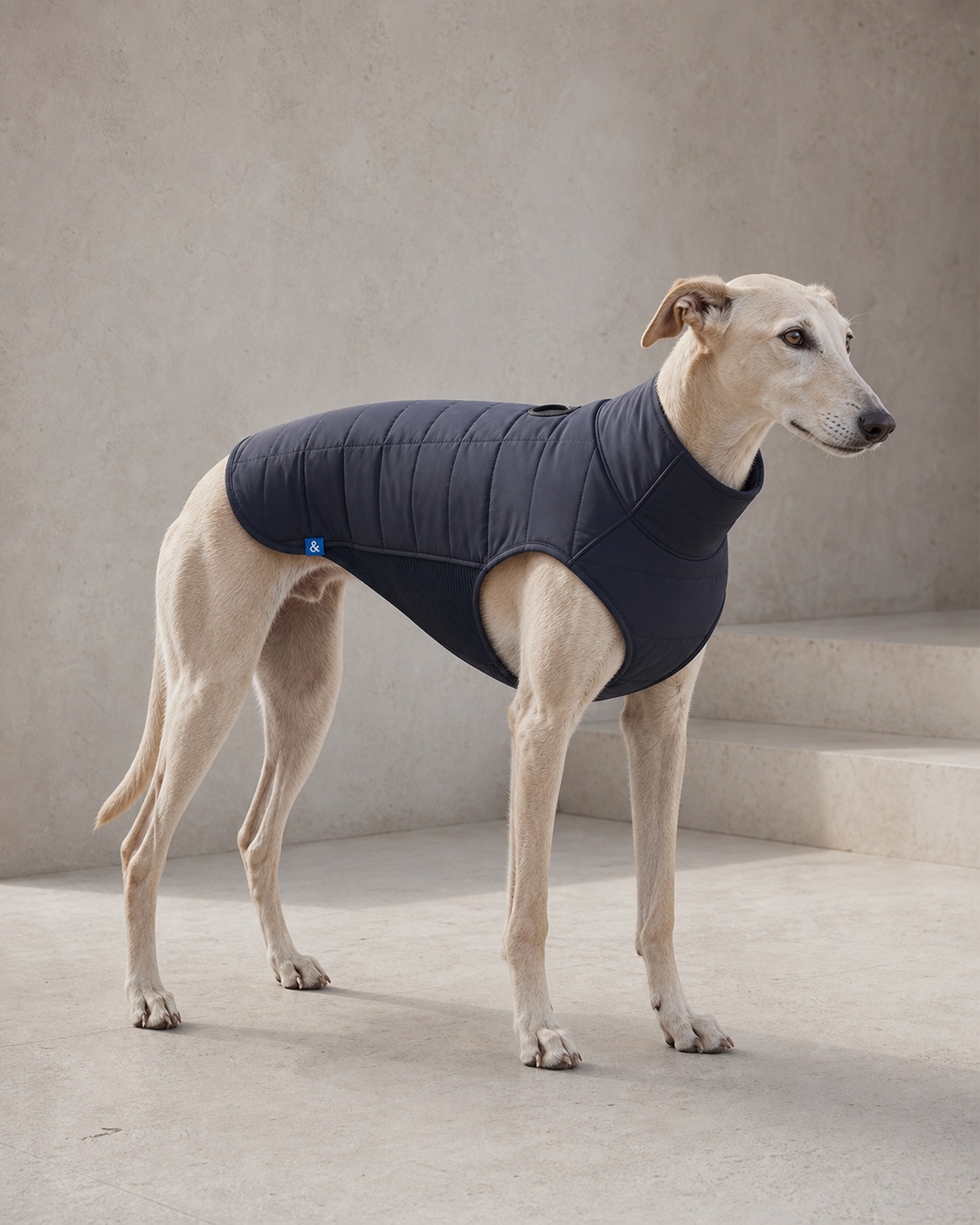 Cream lurcher wearing the ink Quilted Gilet with cobalt woven label