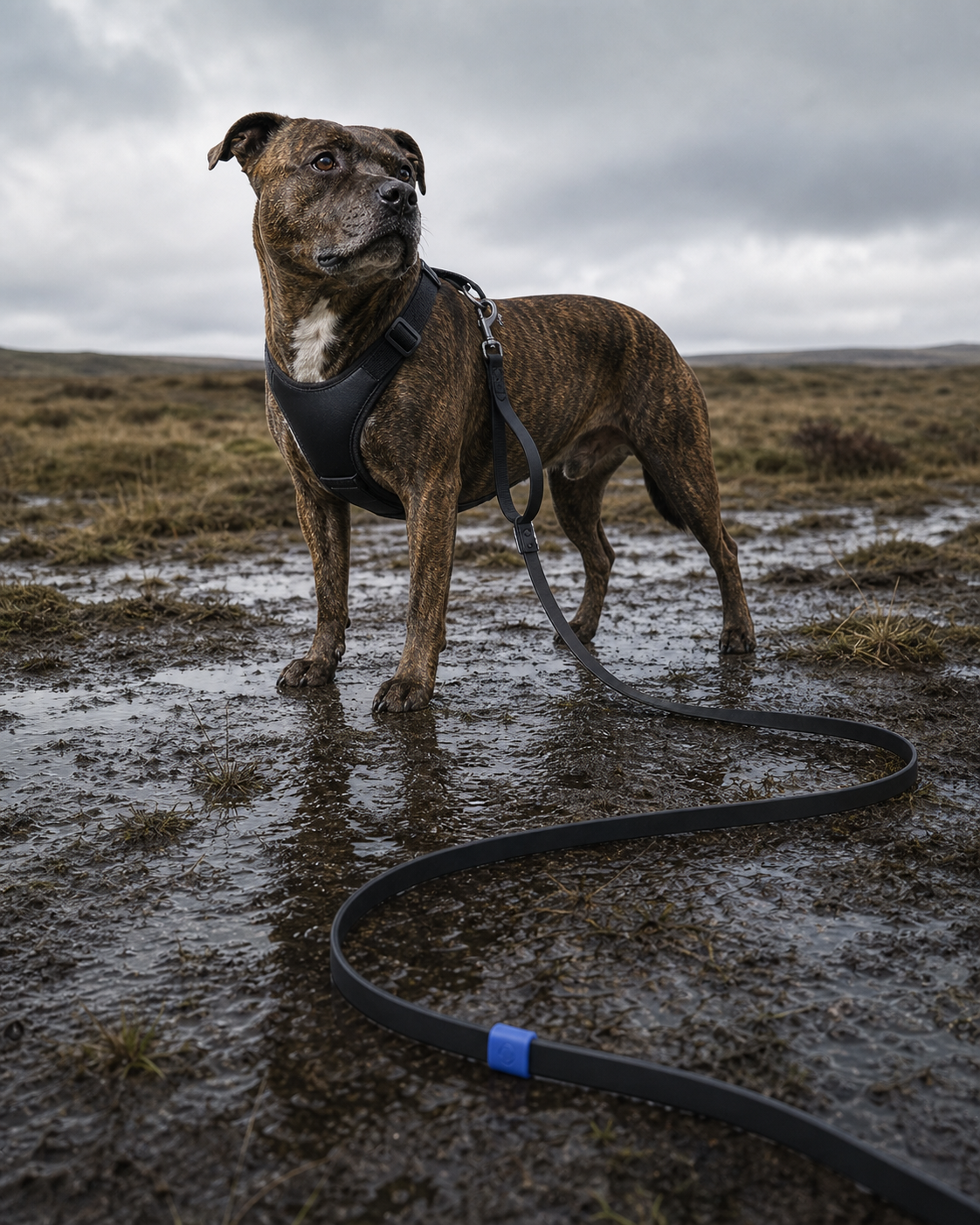 Mixed-breed dog walking on the long ink Trace Line with cobalt distance marker