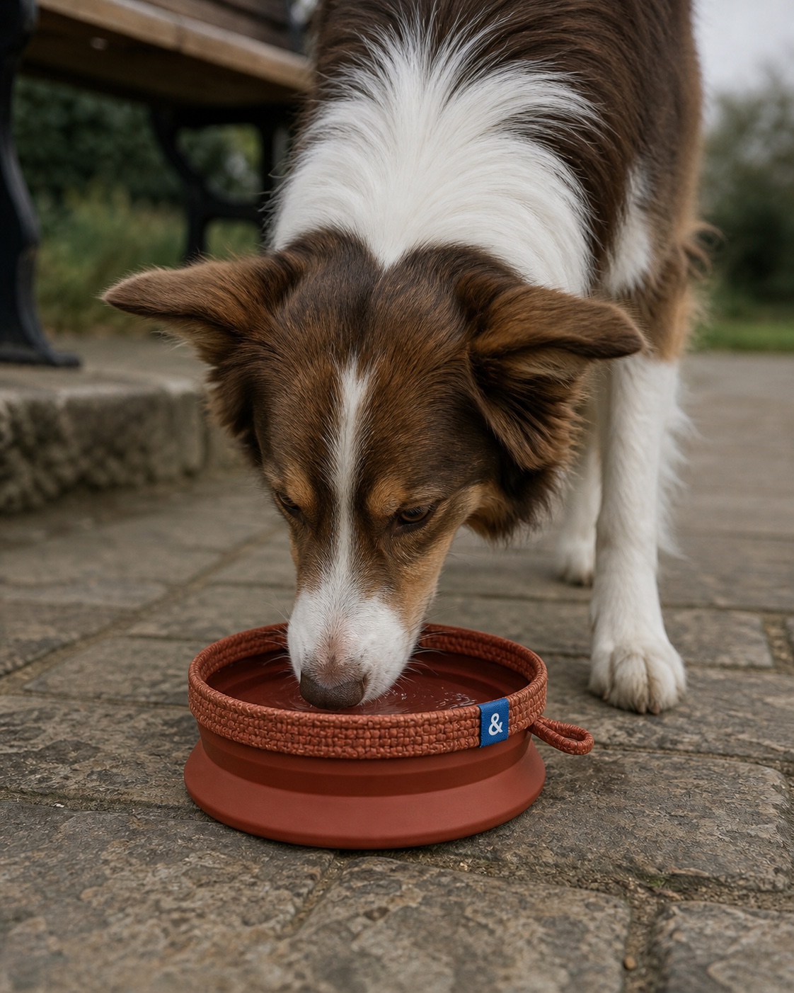 Collie-type dog drinking from the rust fold-flat Travel Bowl with cobalt woven label