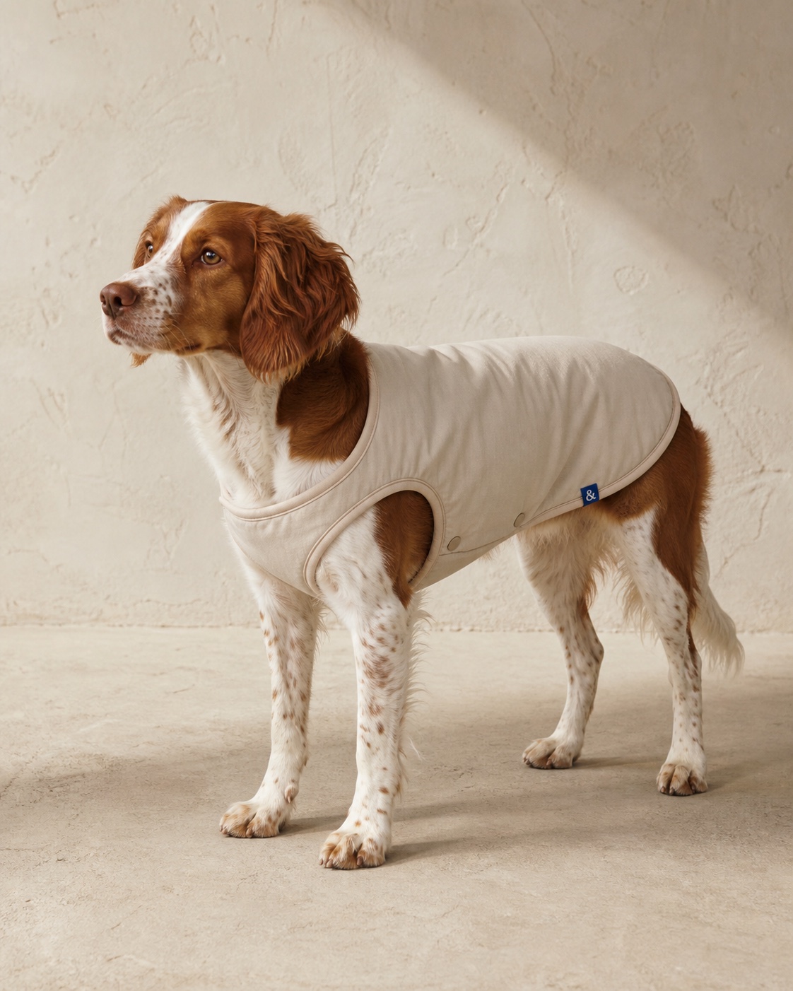 Red and white spaniel mix wearing the oat Warm Liner with cobalt woven label