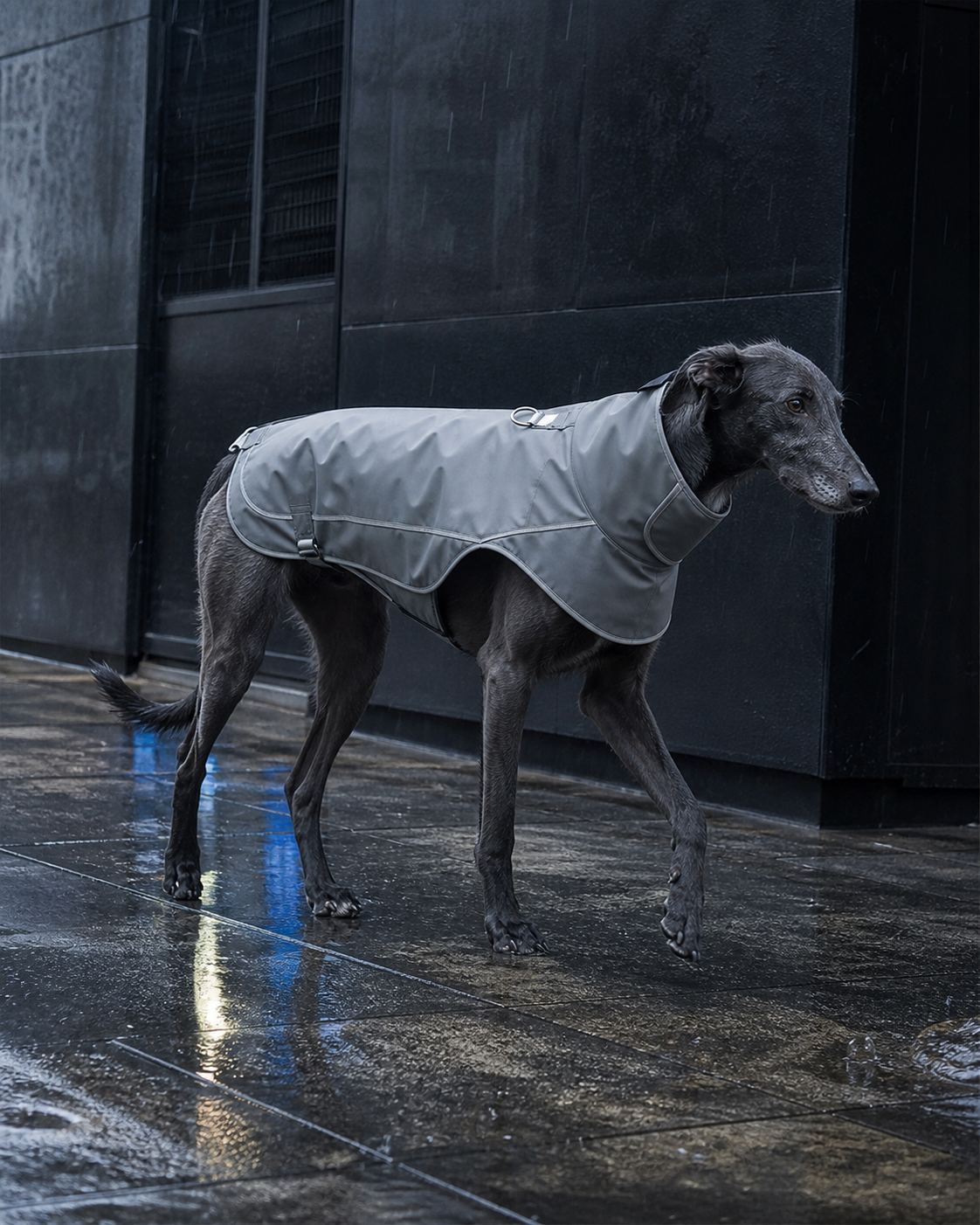 Large charcoal lurcher wearing the mineral grey Weather Shell in rain