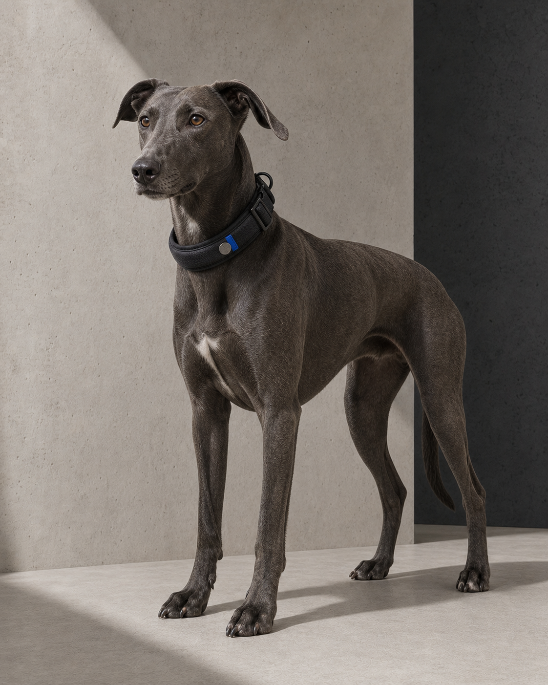 Lurcher wearing the curved ink Line Collar with cobalt tag channel