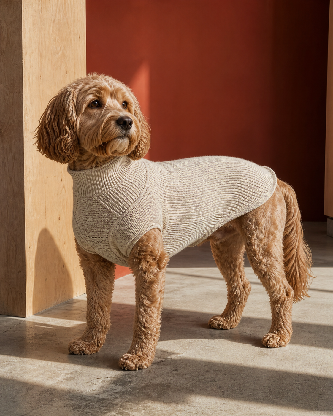 Caramel spaniel mix wearing the oat mapped Rib Knit