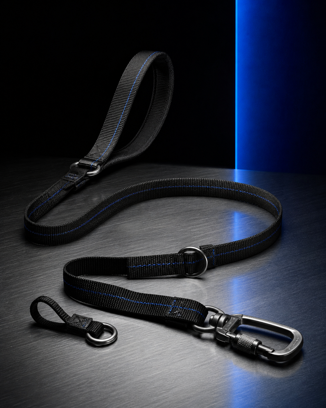 Black convertible dog lead with blue stitching and locking carabiner